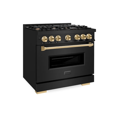 ZLINE Autograph Edition 36 in. 5.2 cu. ft. Classic Gas Range with 6 Burner Cooktop and Convection Gas Oven in Black Stainless Steel and Polished Gold Accents, Open Box-Great Condition