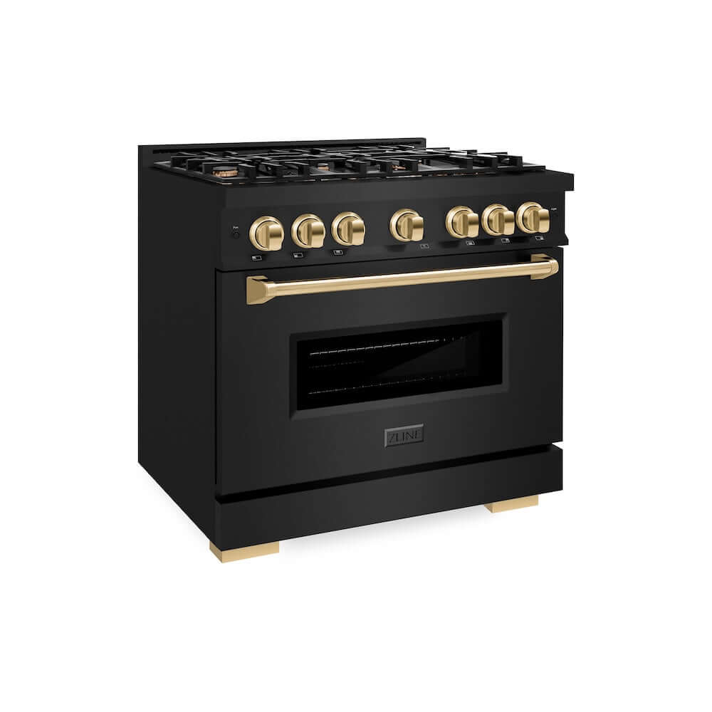 ZLINE Autograph Edition 36 in. 5.2 cu. ft. Classic Gas Range with 6 Burner Cooktop and Convection Gas Oven in Black Stainless Steel and Polished Gold Accents, Open Box-Good Condition