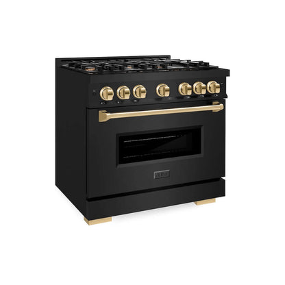 ZLINE Autograph Edition 36 in. 5.2 cu. ft. Classic Gas Range with 6 Burner Cooktop and Convection Gas Oven in Black Stainless Steel and Polished Gold Accents, Open Box-Good Condition