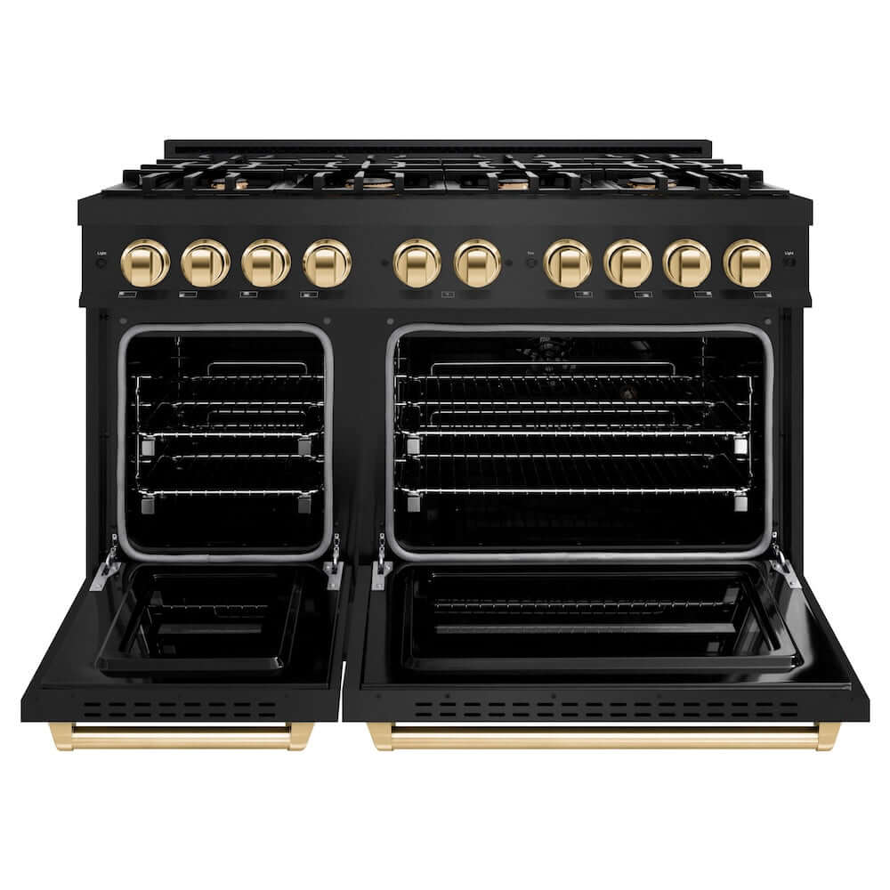 ZLINE Autograph Edition 48 in. 6.7 cu. ft. Classic Double Oven Gas Range with 8 Burner Cooktop in Black Stainless Steel and Polished Gold Accents, Open Box-Good Condition