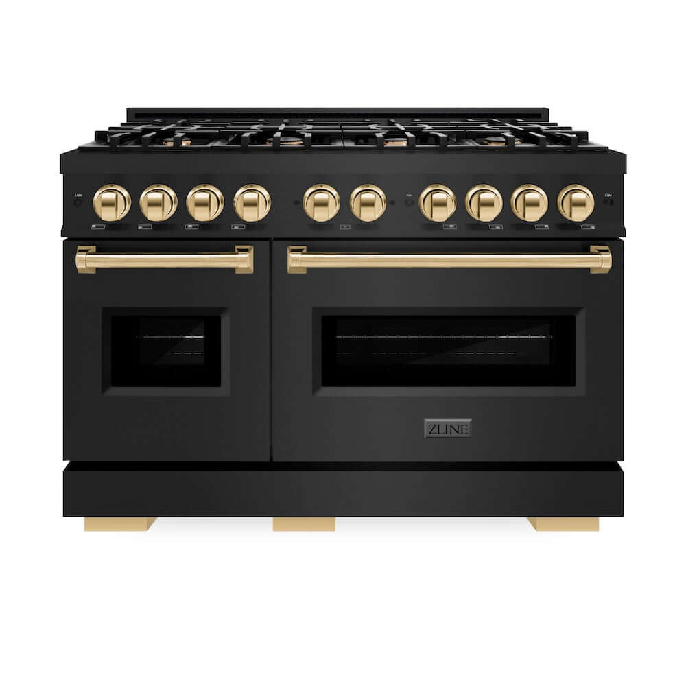 ZLINE Autograph Edition 48 in. 6.7 cu. ft. Classic Double Oven Gas Range with 8 Burner Cooktop in Black Stainless Steel and Polished Gold Accents, Open Box-Good Condition
