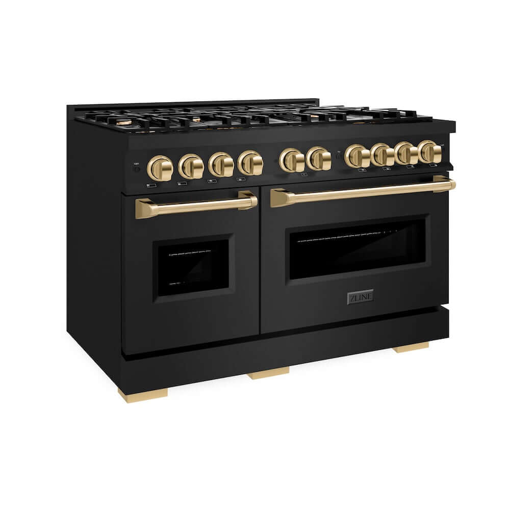 ZLINE Autograph Edition 48 in. 6.7 cu. ft. Classic Double Oven Gas Range with 8 Burner Cooktop in Black Stainless Steel and Polished Gold Accents, Open Box-Good Condition