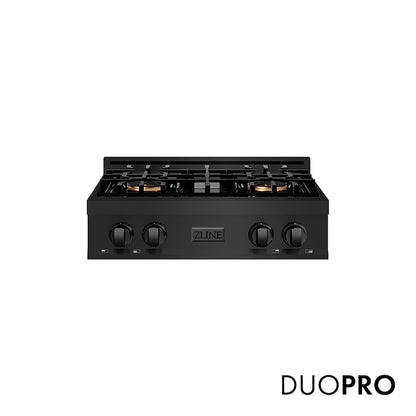 ZLINE 30 in. Classic Gas Rangetop with 4 Burner DuoPro™ Cooktop in Black Stainless Steel (PCRTB-30) front, with DuoPro™ logo.