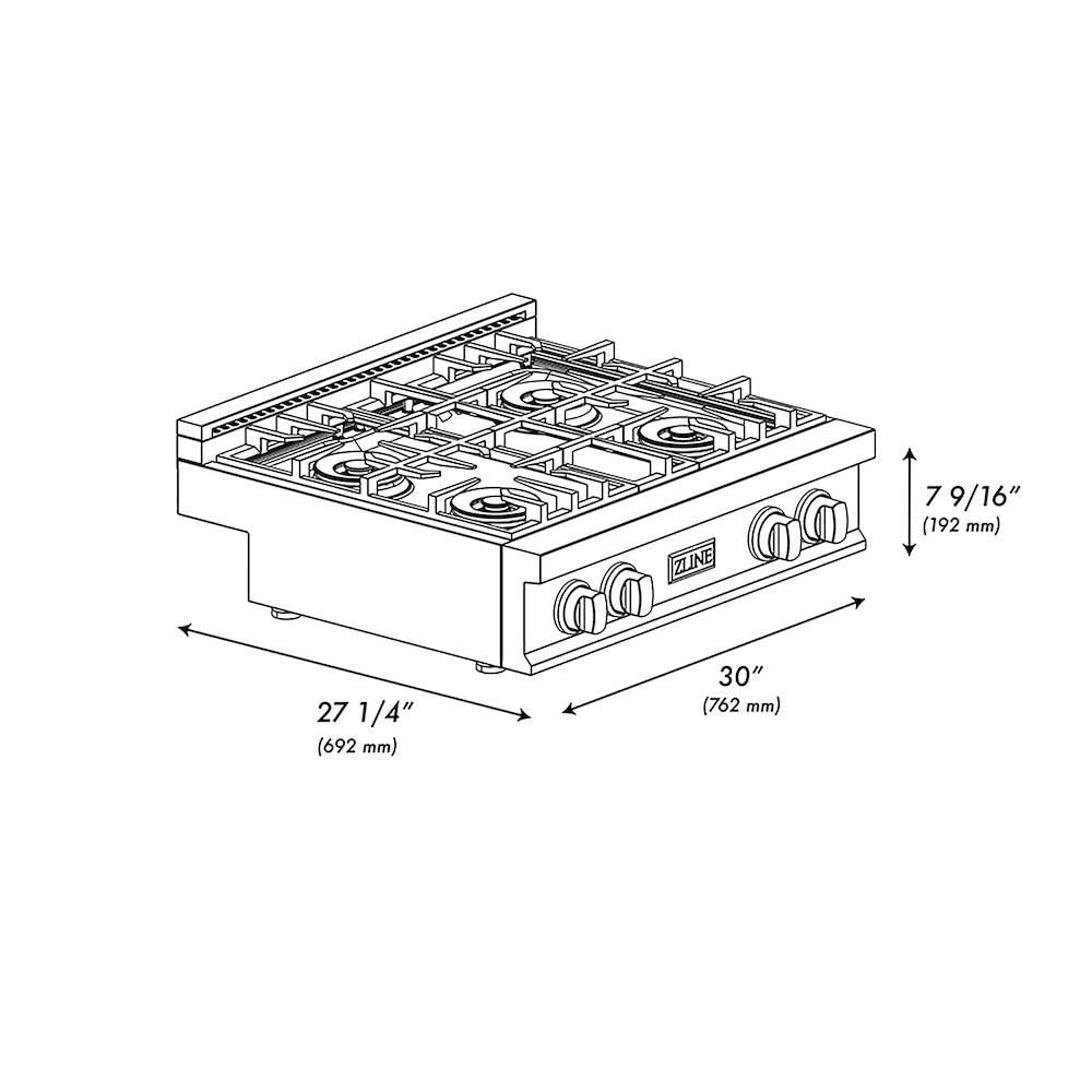 ZLINE Autograph Edition 30 in. Classic Gas Rangetop with 4 Burner DuoPro™ Cooktop in Black Stainless Steel and Champagne Bronze Accents (PCRTBZ-30-CB) dimensional diagram.