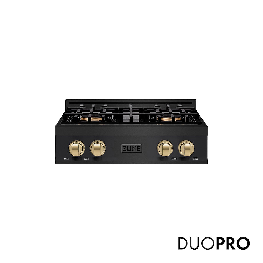 ZLINE Autograph Edition 30 in. Classic Gas Rangetop with 4 Burner DuoPro™ Cooktop in Black Stainless Steel and Champagne Bronze Accents (PCRTBZ-30-CB) front, with DuoPro™ logo.