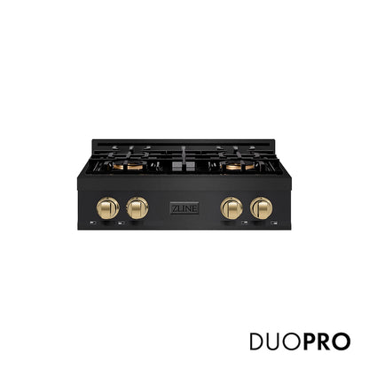ZLINE Autograph Edition 30 in. Classic Gas Rangetop with 4 Burner DuoPro™ Cooktop in Black Stainless Steel and Champagne Bronze Accents (PCRTBZ-30-CB) front, with DuoPro™ logo.