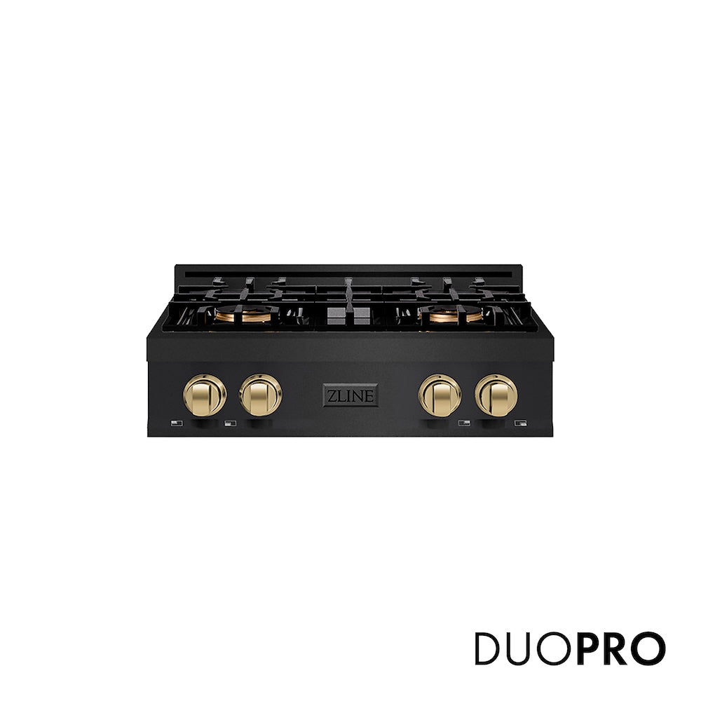 ZLINE Autograph Edition 30 in. Classic Gas Rangetop with 4 Burner DuoPro™ Cooktop in Black Stainless Steel and Champagne Bronze Accents, Open Box-Good Condition