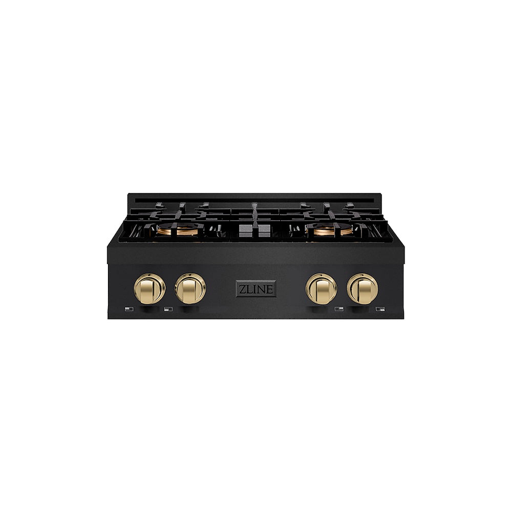 ZLINE Autograph Edition 30 in. Classic Gas Rangetop with 4 Burner DuoPro™ Cooktop in Black Stainless Steel and Champagne Bronze Accents (PCRTBZ-30-CB) front.