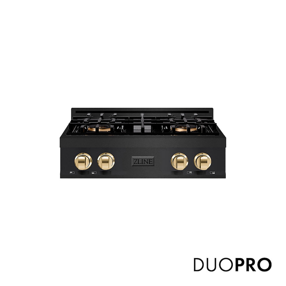 ZLINE Autograph Edition 30 in. Classic Gas Rangetop with 4 Burner DuoPro™ Cooktop in Black Stainless Steel and Polished Gold Accents (PCRTBZ-30-G) front, with DuoPro™ logo.