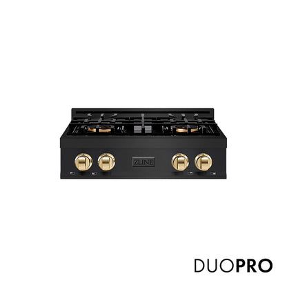 ZLINE Autograph Edition 30 in. Classic Gas Rangetop with 4 Burner DuoPro™ Cooktop in Black Stainless Steel and Polished Gold Accents (PCRTBZ-30-G) front, with DuoPro™ logo.