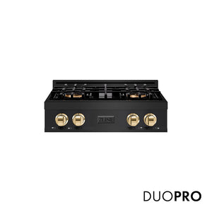 ZLINE Autograph Edition 30 in. Classic Gas Rangetop with 4 Burner DuoPro™ Cooktop in Black Stainless Steel and Polished Gold Accents, Open Box-Good Condition main image.