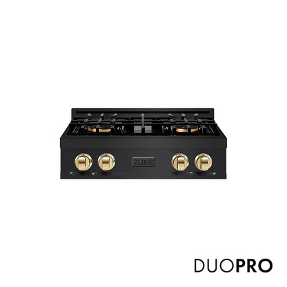 ZLINE Autograph Edition 30 in. Classic Gas Rangetop with 4 Burner DuoPro™ Cooktop in Black Stainless Steel and Polished Gold Accents, Open Box-Good Condition