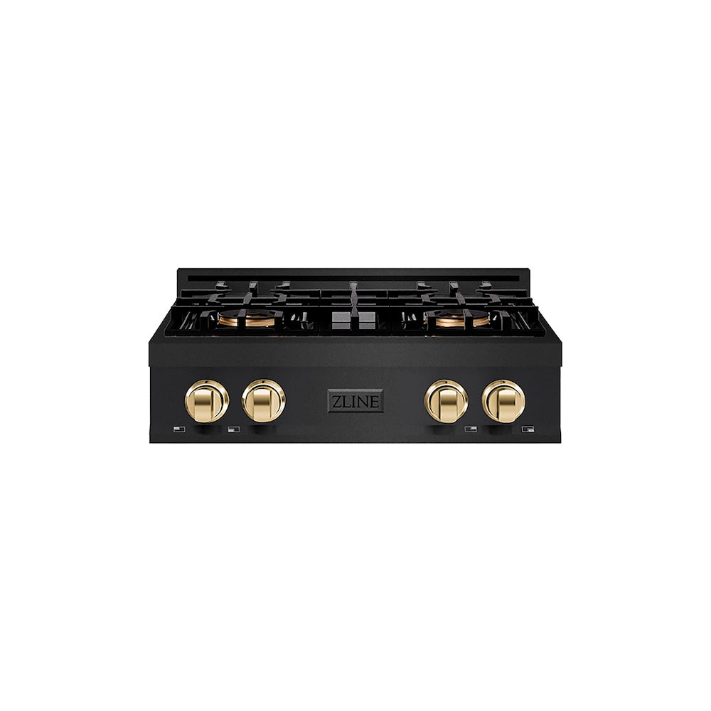 ZLINE Autograph Edition 30 in. Classic Gas Rangetop with 4 Burner DuoPro™ Cooktop in Black Stainless Steel and Polished Gold Accents (PCRTBZ-30-G) front.