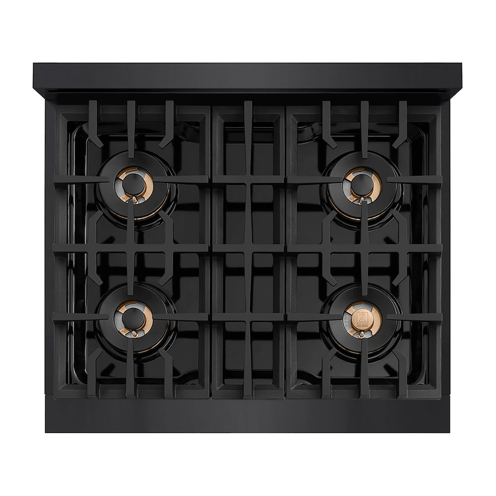 ZLINE Autograph Edition 30 in. Classic Gas Rangetop with 4 Burner DuoPro™ Cooktop in Black Stainless Steel and Polished Gold Accents (PCRTBZ-30-G) top-down, above cooktop.