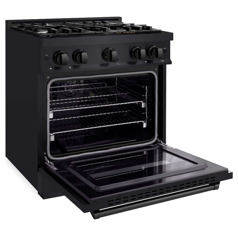 ZLINE 30 in. 4.2 cu. ft. Classic Dual Fuel Range with 4 Burner Gas Cooktop and Electric Convection Oven in Black Stainless Steel (CDRB-30) side, open.