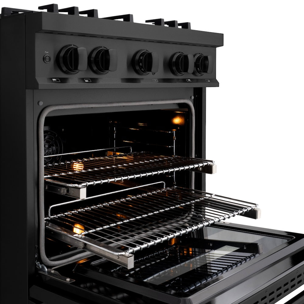 ZLINE 30 in. 4.2 cu. ft. Classic Dual Fuel Range with 4 Burner Gas Cooktop and Electric Convection Oven in Black Stainless Steel (CDRB-30) close-up, oven open with racks extended.