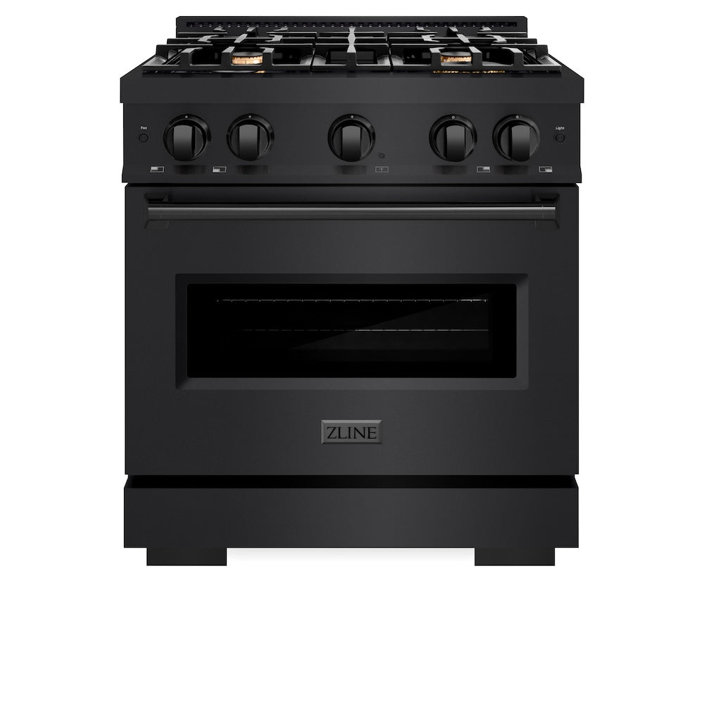 ZLINE 30 in. 4.2 cu. ft. Classic Dual Fuel Range with Gas Cooktop and Electric Convection Oven in Black Stainless Steel with 4 Brass Burners (CDRB-BR-30) front, oven closed.