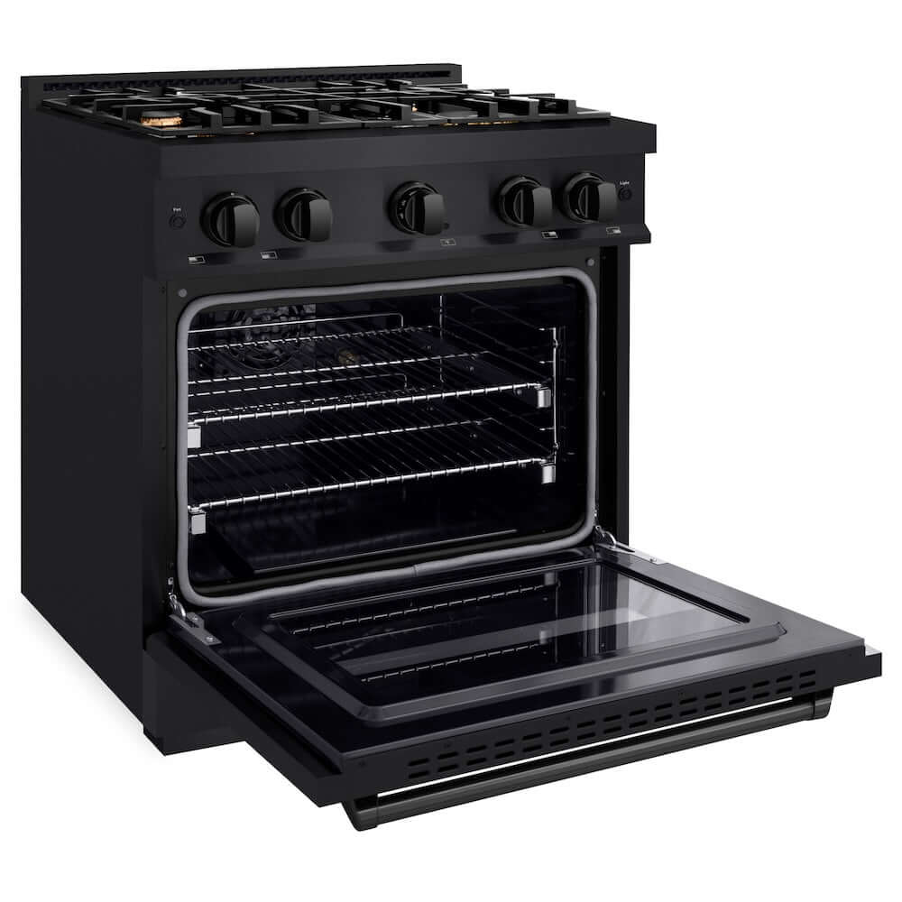 ZLINE 30 in. 4.2 cu. ft. Classic Gas Range with Convection Gas Oven in Black Stainless Steel with 4 Brass Burners (CGRB-BR-30) side, oven open.