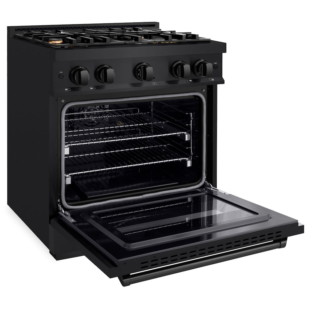 ZLINE 30 in. 4.2 cu. ft. Classic Dual Fuel Range with Gas Cooktop and Electric Convection Oven in Black Stainless Steel with 4 Brass Burners (CDRB-BR-30) side, oven open.