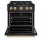 ZLINE Autograph Edition 30 in. 4.2 cu. ft. Classic Dual Fuel Range with 4 Burner Gas Cooktop and Electric Convection Oven in Black Stainless Steel with Champagne Bronze Accents (CDRBZ-30-CB) front, oven open.