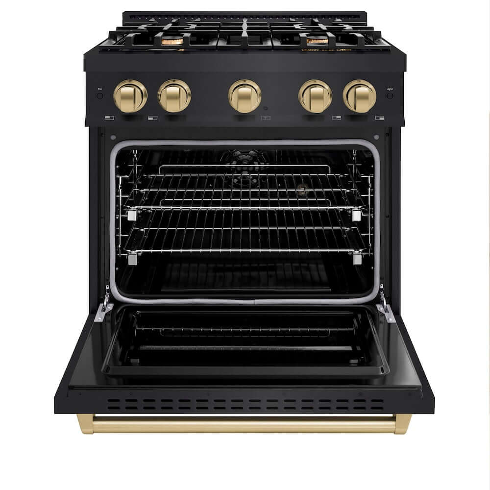 ZLINE Autograph Edition 30 in. 4.2 cu. ft. Classic Dual Fuel Range with 4 Burner Gas Cooktop and Electric Convection Oven in Black Stainless Steel with Champagne Bronze Accents (CDRBZ-30-CB) front, oven open.