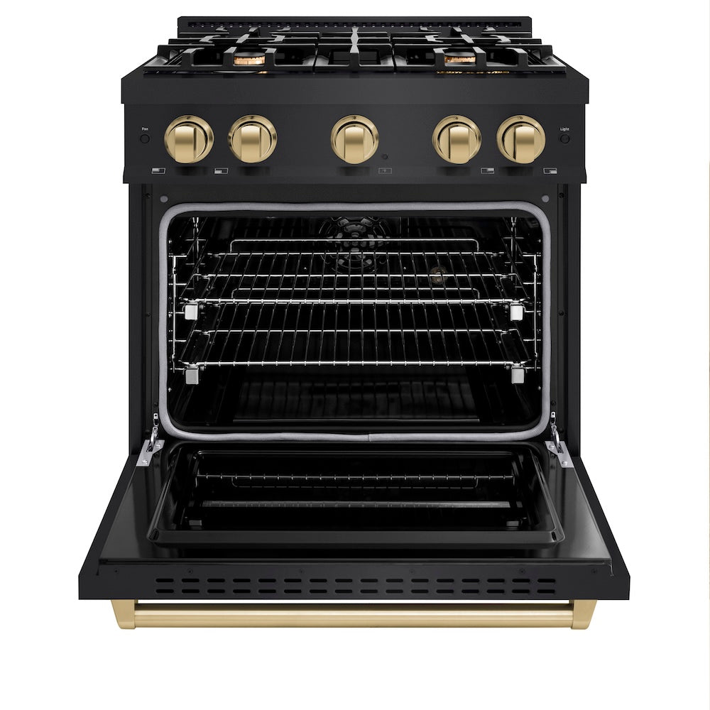 ZLINE Autograph Edition 30 in. 4.2 cu. ft. Classic Dual Fuel Range with 4 Burner Gas Cooktop and Electric Convection Oven in Black Stainless Steel with Champagne Bronze Accents, Open Box-Good Condition