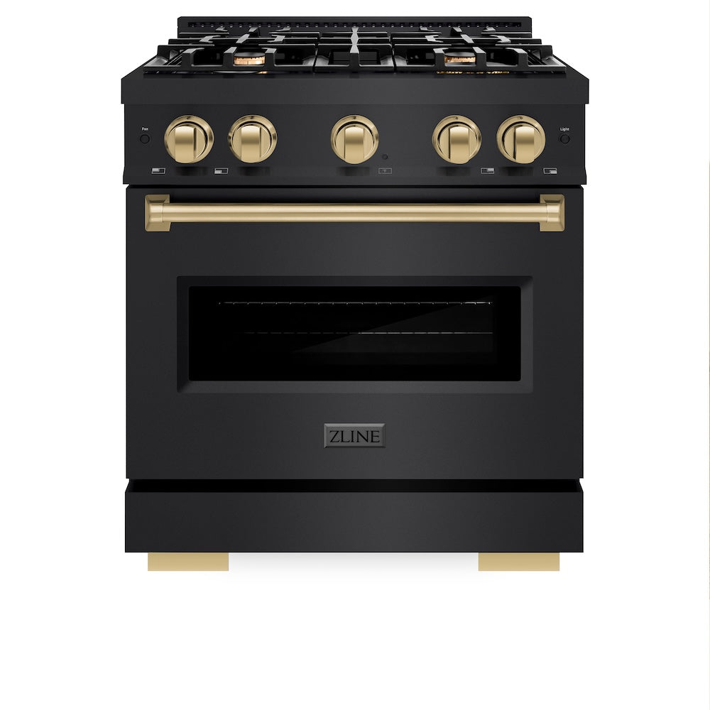 ZLINE Autograph Edition 30 in. 4.2 cu. ft. Classic Dual Fuel Range with 4 Burner Gas Cooktop and Electric Convection Oven in Black Stainless Steel with Champagne Bronze Accents, Open Box-Good Condition