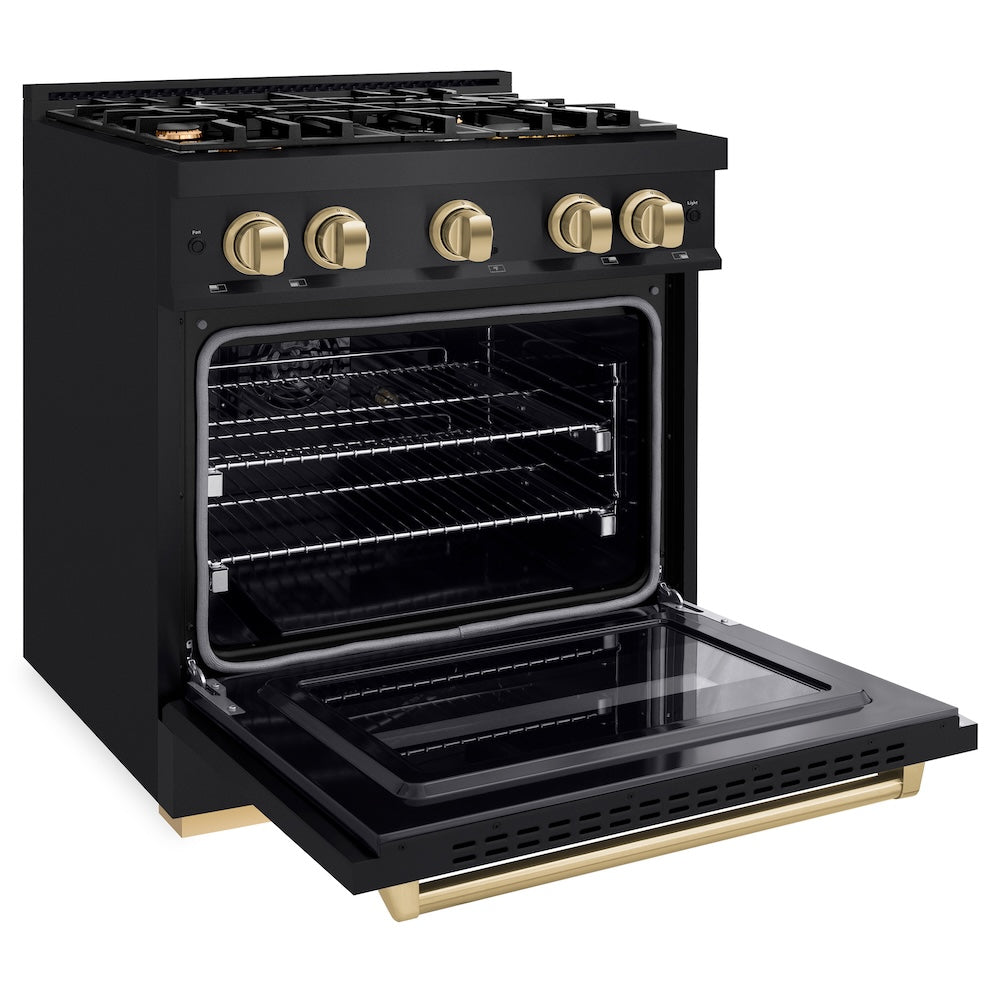 ZLINE Autograph Edition 30 in. 4.2 cu. ft. Classic Dual Fuel Range with 4 Burner Gas Cooktop and Electric Convection Oven in Black Stainless Steel with Champagne Bronze Accents, Open Box-Good Condition
