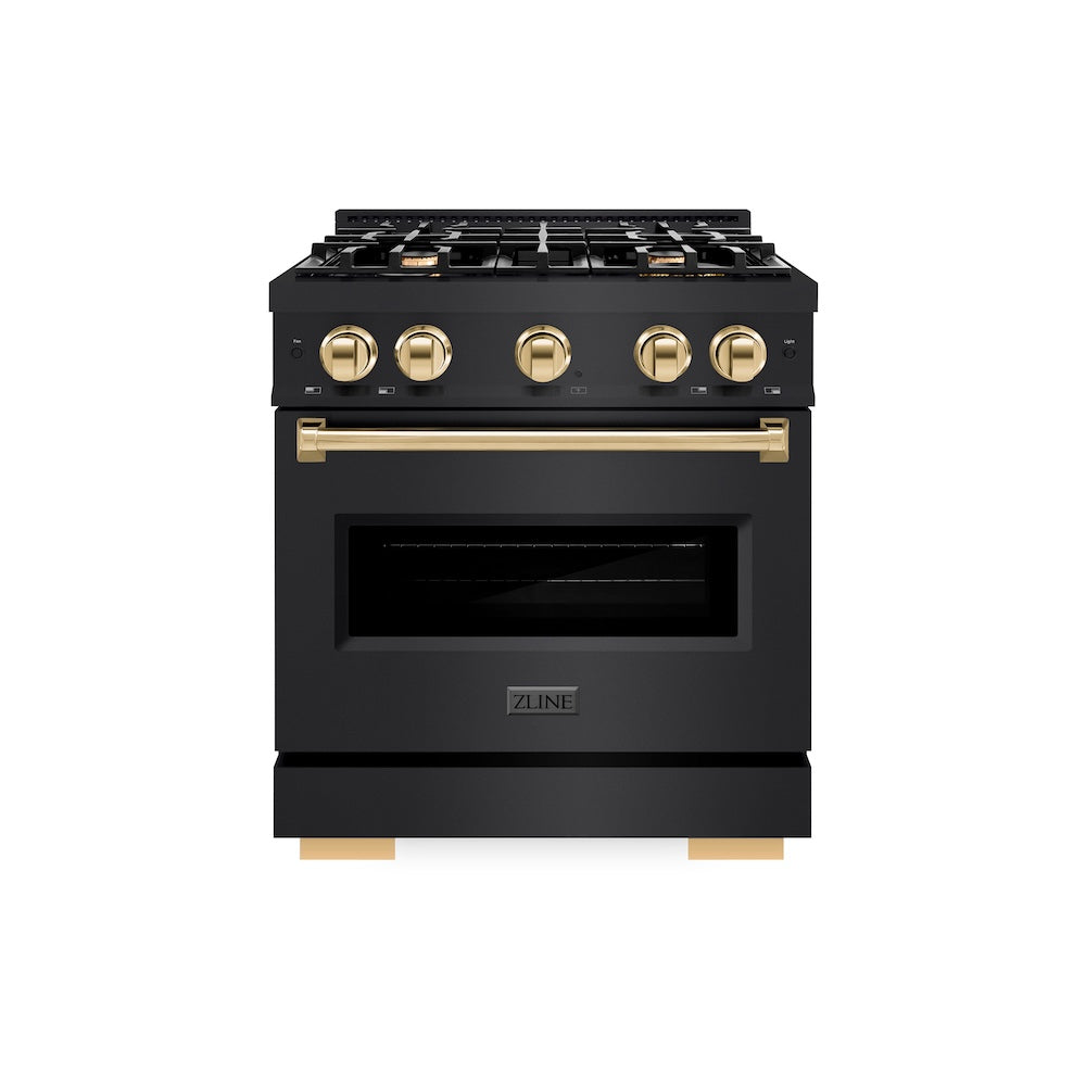 ZLINE Autograph Edition 30 in. 4.2 cu. ft. Classic Dual Fuel Range with 4 Burner Gas Cooktop and Electric Convection Oven in Black Stainless Steel with Polished Gold Accents, Open Box-Great Condition