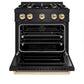 ZLINE Autograph Edition 30 in. 4.2 cu. ft. Classic Dual Fuel Range with 4 Burner Gas Cooktop and Electric Convection Oven in Black Stainless Steel with Polished Gold Accents (CDRBZ-30-G) front, oven open.