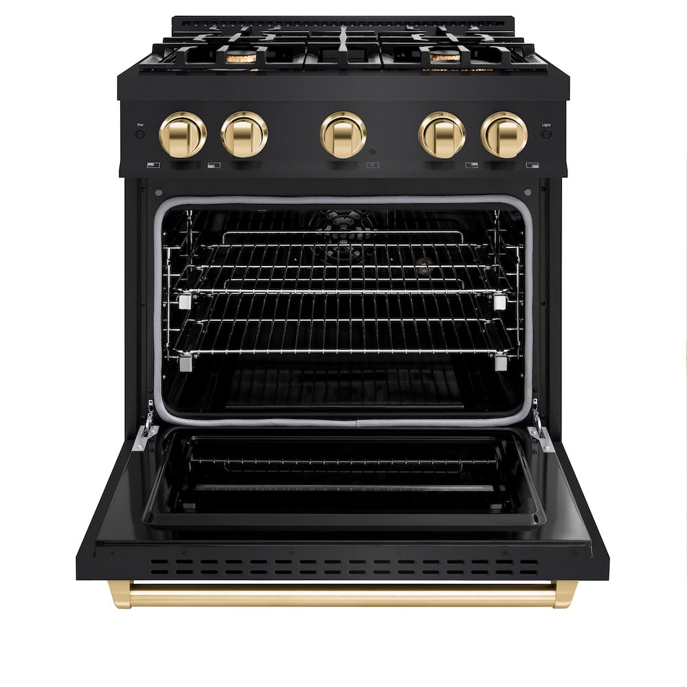 ZLINE Autograph Edition 30 in. 4.2 cu. ft. Classic Dual Fuel Range with 4 Burner Gas Cooktop and Electric Convection Oven in Black Stainless Steel with Polished Gold Accents, Open Box-Good Condition