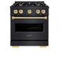 ZLINE Autograph Edition 30 in. 4.2 cu. ft. Classic Dual Fuel Range with 4 Burner Gas Cooktop and Electric Convection Oven in Black Stainless Steel with Polished Gold Accents (CDRBZ-30-G) front, oven closed.