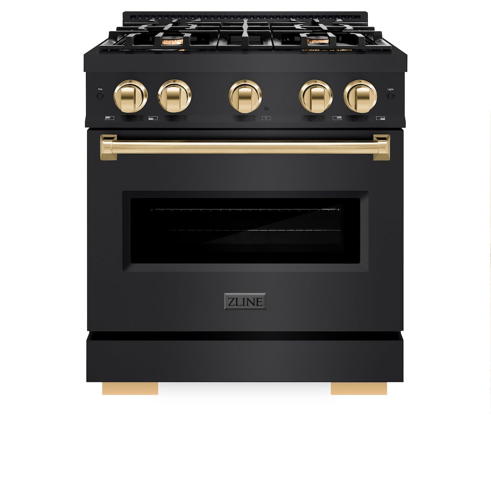 ZLINE Autograph Edition 30 in. 4.2 cu. ft. Classic Dual Fuel Range with 4 Burner Gas Cooktop and Electric Convection Oven in Black Stainless Steel with Polished Gold Accents, Open Box-Good Condition