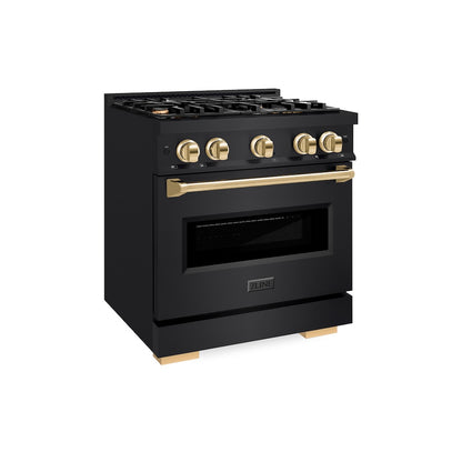 ZLINE Autograph Edition 30 in. 4.2 cu. ft. Classic Dual Fuel Range with 4 Burner Gas Cooktop and Electric Convection Oven in Black Stainless Steel with Polished Gold Accents, Open Box-Good Condition