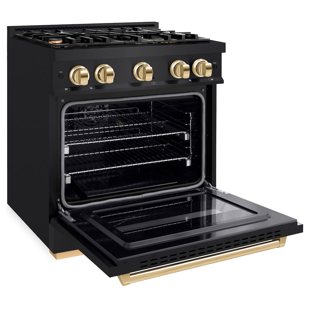 ZLINE Autograph Edition 30 in. 4.2 cu. ft. Classic Dual Fuel Range with 4 Burner Gas Cooktop and Electric Convection Oven in Black Stainless Steel with Polished Gold Accents, Open Box-Good Condition