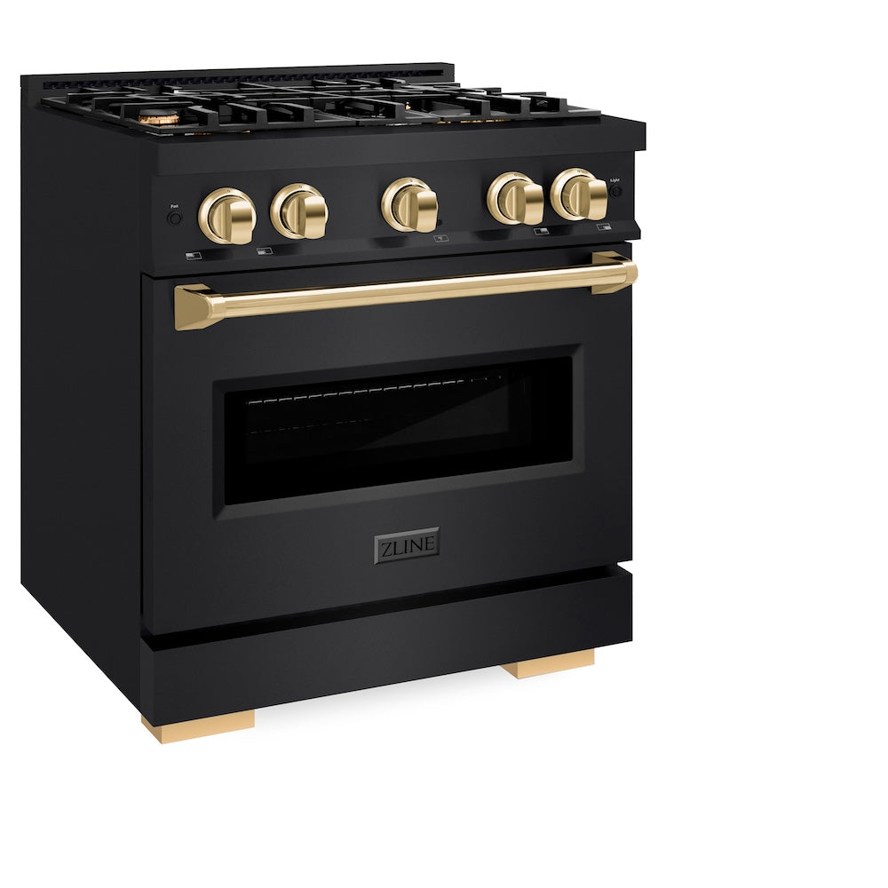 ZLINE Autograph Edition 30 in. 4.2 cu. ft. Classic Dual Fuel Range with 4 Burner Gas Cooktop and Electric Convection Oven in Black Stainless Steel with Polished Gold Accents (CDRBZ-30-G)