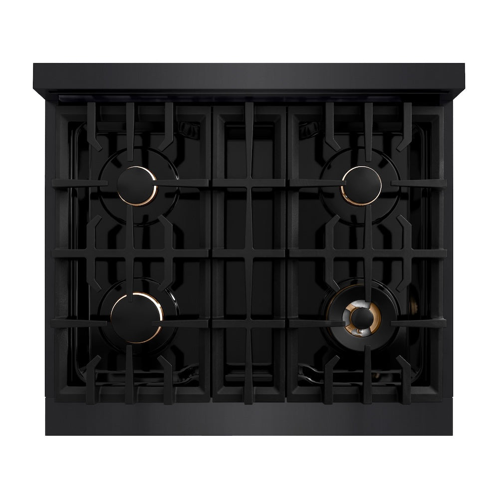 ZLINE Autograph Edition 30 in. 4.2 cu. ft. Classic Dual Fuel Range with 4 Burner Gas Cooktop and Electric Convection Oven in Black Stainless Steel with Polished Gold Accents, Open Box-Good Condition