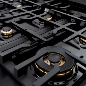 ZLINE Autograph Edition 36 in. 5.2 cu. ft. Classic Dual Fuel Range with 6 Burner Gas Cooktop and Electric Convection Oven in Black Stainless Steel with Champagne Bronze Accents (CDRBZ-36-CB) close-up, Dual Function brass burner.