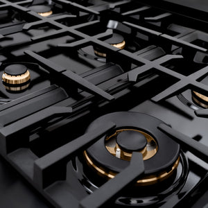 ZLINE Autograph Edition 36 in. 5.2 cu. ft. Classic Dual Fuel Range with 6 Burner Gas Cooktop and Electric Convection Oven in Black Stainless Steel with Champagne Bronze Accents, Open Box-Good Condition