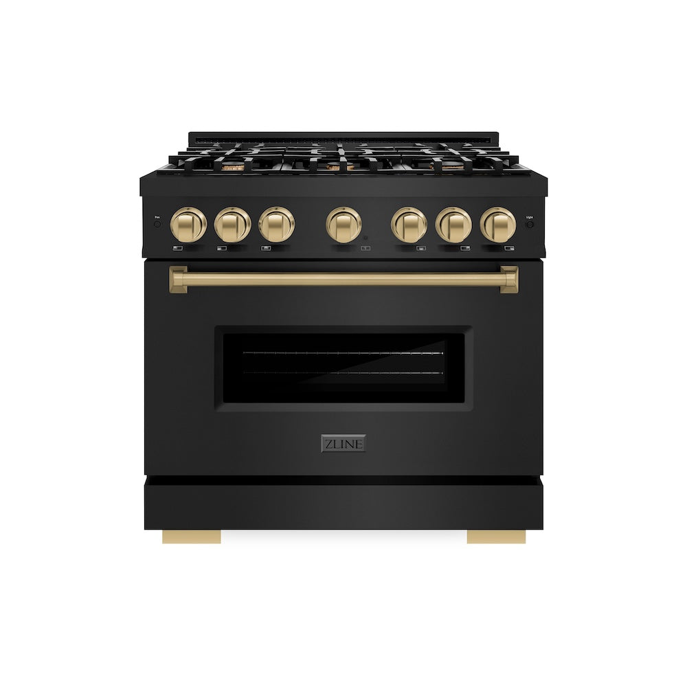 ZLINE Autograph Edition 36 in. 5.2 cu. ft. Classic Dual Fuel Range with 6 Burner Gas Cooktop and Electric Convection Oven in Black Stainless Steel with Champagne Bronze Accents, Open Box-Great Condition