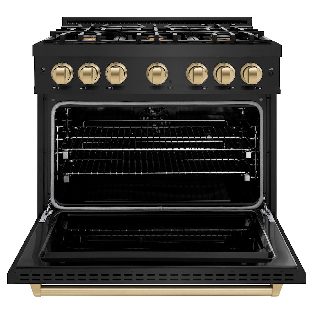 ZLINE Autograph Edition 36 in. 5.2 cu. ft. Classic Dual Fuel Range with 6 Burner Gas Cooktop and Electric Convection Oven in Black Stainless Steel with Champagne Bronze Accents, Open Box-Good Condition