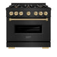 ZLINE Autograph Edition 36 in. 5.2 cu. ft. Classic Dual Fuel Range with 6 Burner Gas Cooktop and Electric Convection Oven in Black Stainless Steel with Champagne Bronze Accents (CDRBZ-36-CB) front, oven closed.