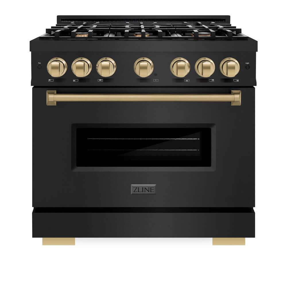 ZLINE Autograph Edition 36 in. 5.2 cu. ft. Classic Dual Fuel Range with 6 Burner Gas Cooktop and Electric Convection Oven in Black Stainless Steel with Champagne Bronze Accents (CDRBZ-36-CB) front, oven closed.