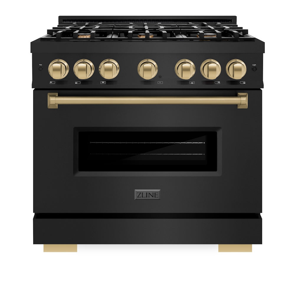 ZLINE Autograph Edition 36 in. 5.2 cu. ft. Classic Dual Fuel Range with 6 Burner Gas Cooktop and Electric Convection Oven in Black Stainless Steel with Champagne Bronze Accents, Open Box-Good Condition