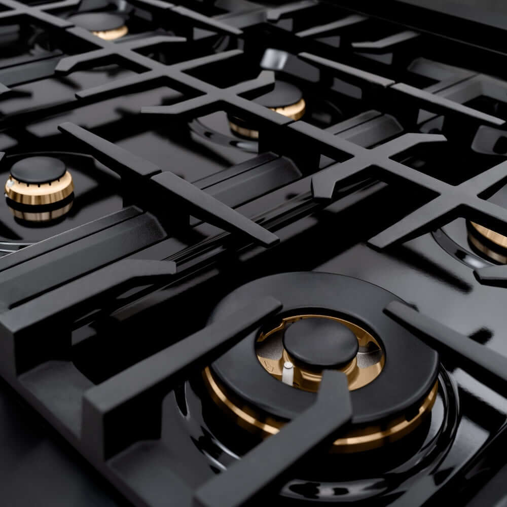 ZLINE Autograph Edition 36 in. 5.2 cu. ft. Classic Dual Fuel Range with 6 Burner Gas Cooktop and Electric Convection Oven in Black Stainless Steel with Polished Gold Accents (CDRBZ-36-G) close-up, Dual Function brass burner.