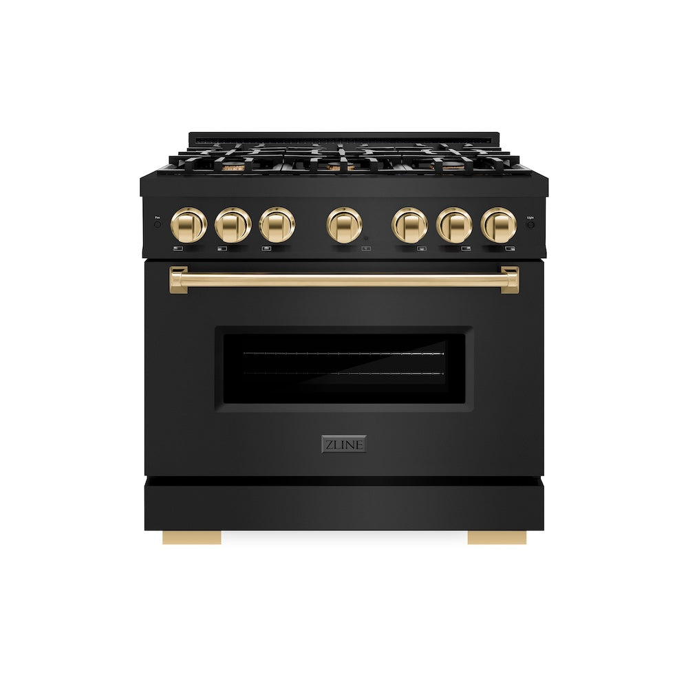 ZLINE Autograph Edition 36 in. 5.2 cu. ft. Classic Dual Fuel Range with 6 Burner Gas Cooktop and Electric Convection Oven in Black Stainless Steel with Polished Gold Accents, Open Box-Great Condition
