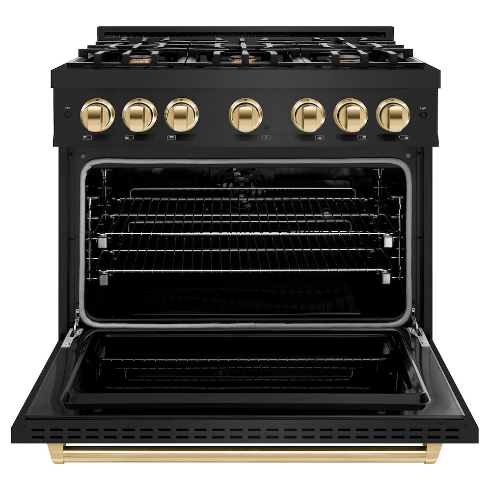 ZLINE Autograph Edition 36 in. 5.2 cu. ft. Classic Dual Fuel Range with 6 Burner Gas Cooktop and Electric Convection Oven in Black Stainless Steel with Polished Gold Accents (CDRBZ-36-G)