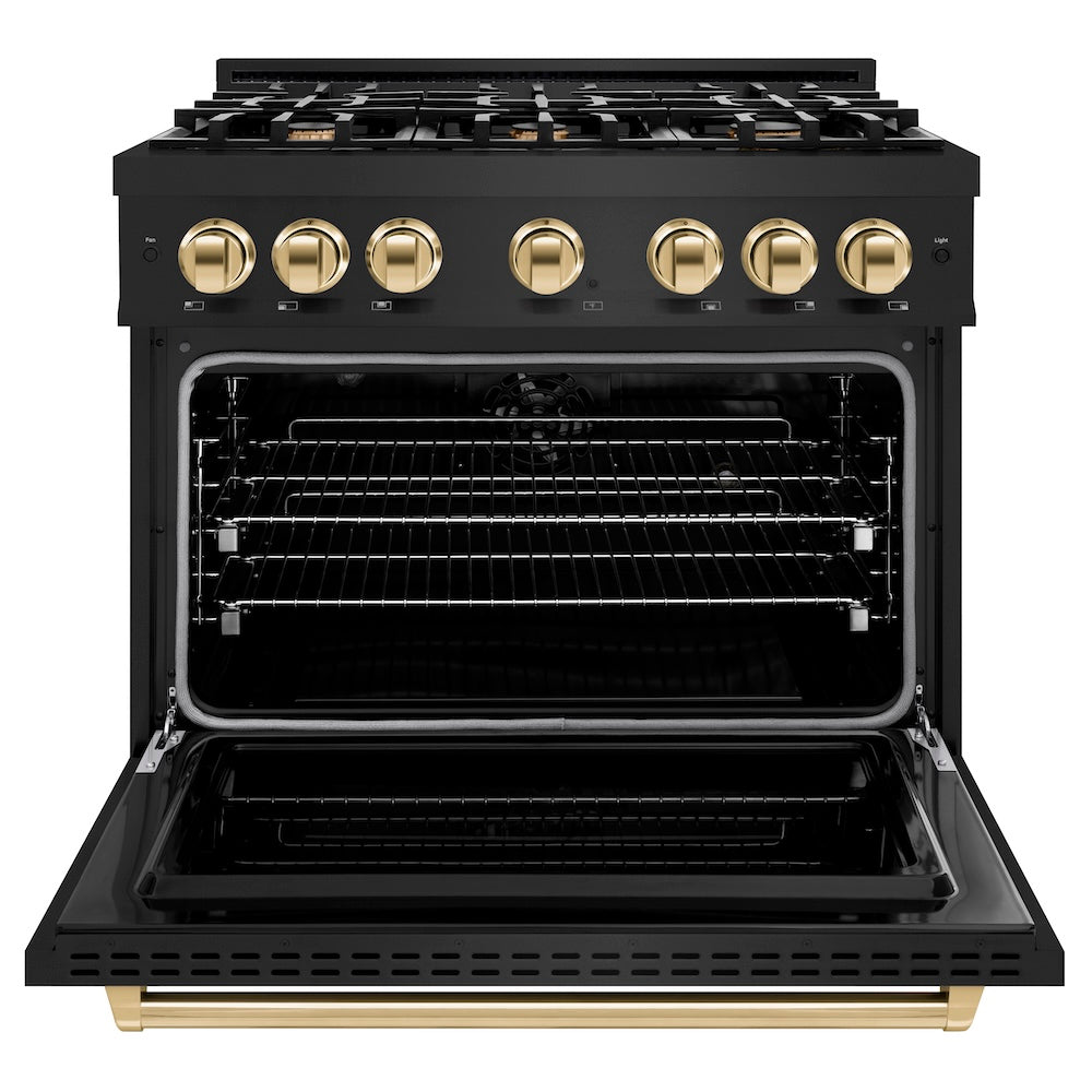ZLINE Autograph Edition 36 in. 5.2 cu. ft. Classic Dual Fuel Range with 6 Burner Gas Cooktop and Electric Convection Oven in Black Stainless Steel with Polished Gold Accents, Open Box-Good Condition