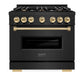 ZLINE Autograph Edition 36 in. 5.2 cu. ft. Classic Dual Fuel Range with 6 Burner Gas Cooktop and Electric Convection Oven in Black Stainless Steel with Polished Gold Accents (CDRBZ-36-G) front, oven closed.
