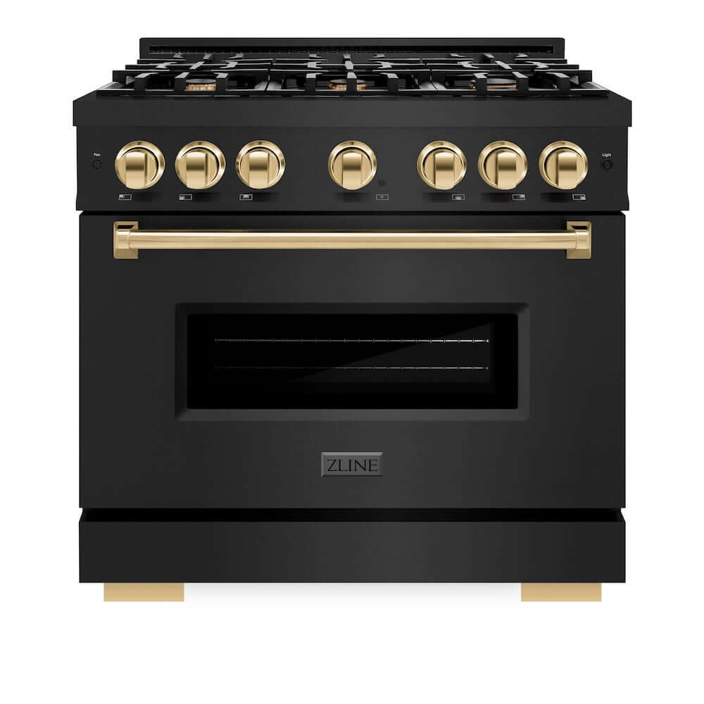 ZLINE Autograph Edition 36 in. 5.2 cu. ft. Classic Dual Fuel Range with 6 Burner Gas Cooktop and Electric Convection Oven in Black Stainless Steel with Polished Gold Accents (CDRBZ-36-G) front, oven closed.